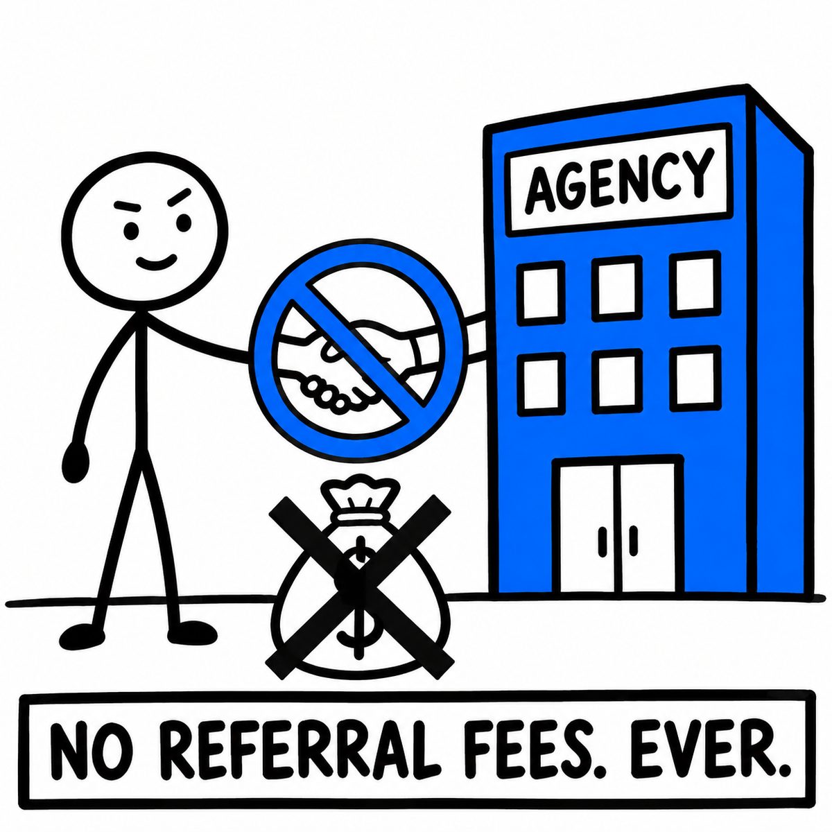 A crossed-out commission check showing there are no referral fees